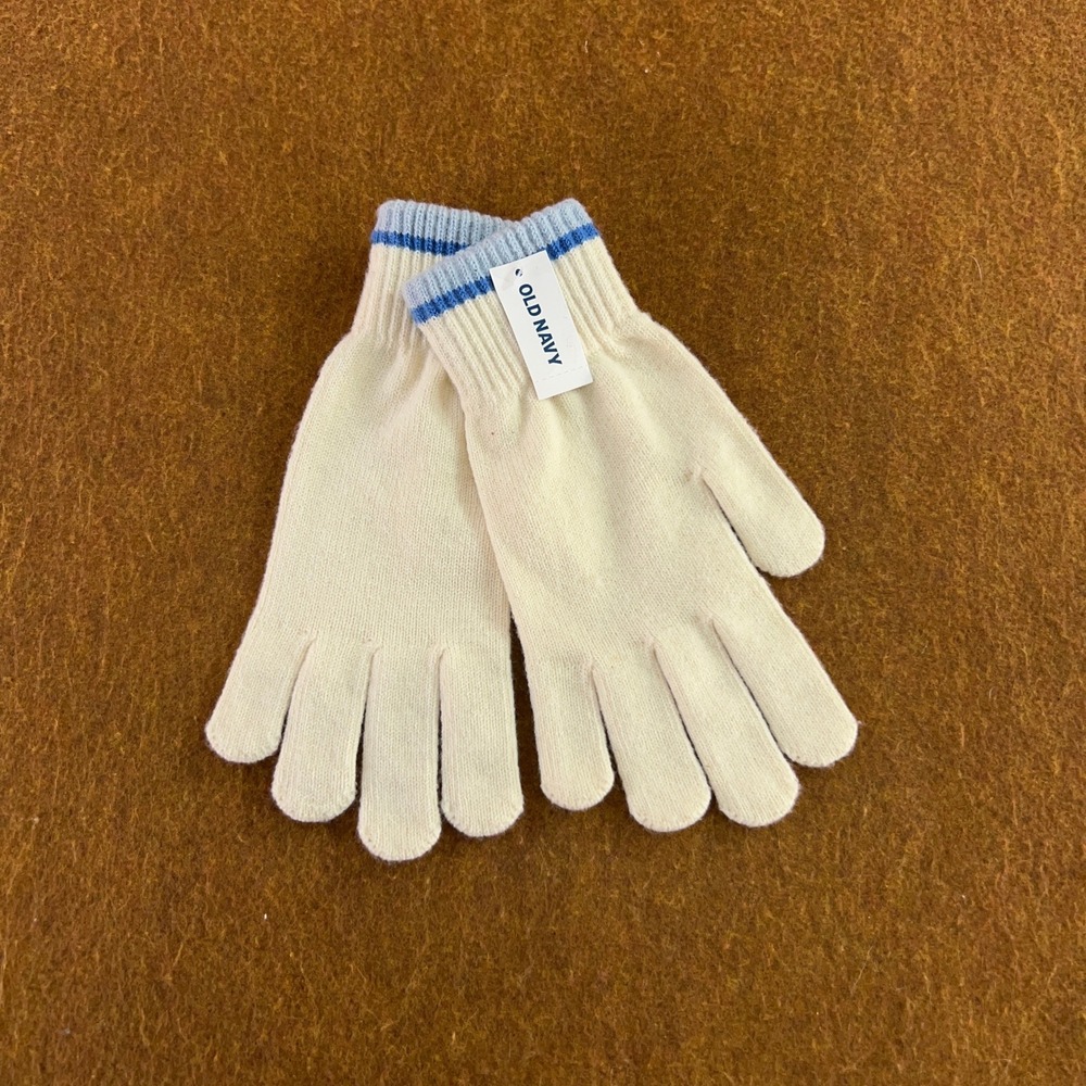 Old Navy Unisex S-M Cream Blue Striped Ribbed Knit Winter Gloves NWT